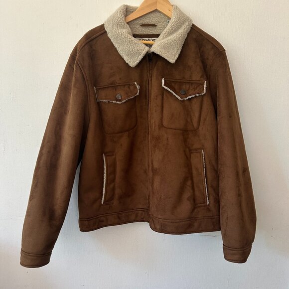 Levis Faux Suede Bomber Jacket Womens XL Brown Sherpa Lined Pockets Y2K - Picture 1 of 6
